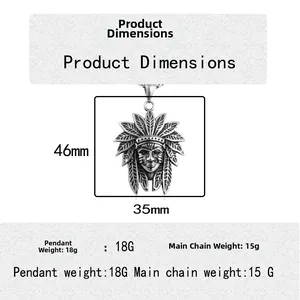 Punk style stainless steel Indian portrait pendant with size specifications and dimensions