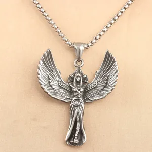 Vintage Edelstahl Halskette mit Engel-Königin Anhänger und Flügeln für Damen und Herren