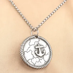 Collana retrò in acciaio inossidabile con ciondolo ad ancora tonda e mappa del mondo