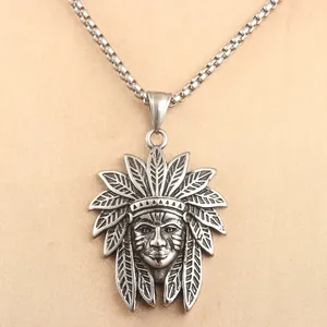 Retro Stainless Steel Indian Chief Head Pendant Necklace For Men Punk Hip Hop Ethnic Style Jewelry With Box Chain