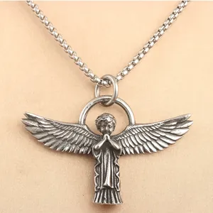 Punk Vintage Stainless Steel Angel Wings Praying Boy Pendant Necklace For Men Women Gothic Jewelry Accessories Gift