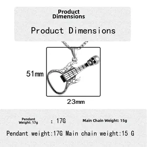 Size chart for punk stainless steel guitar skull pendant with weight and height specs