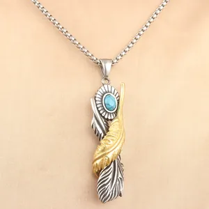 Vintage Punk Titanium Steel Feather Pendant Necklace Turquoise Inlay Two Tone Gold Silver Distressed Indian Style Jewelry
