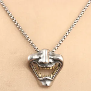 Punk Vintage Stainless Steel Hannya Mask Fang Pendant Necklace For Men Women Two-tone Gold Silver Demon Ghost Neck Jewelry Gift
