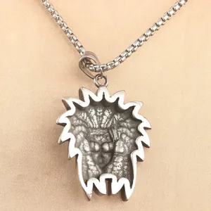 Punk style stainless steel Indian portrait pendant with unique textured reverse side on chain