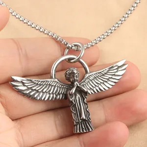 Retro stainless steel angel pendant necklace with detailed wings on a silver box chain