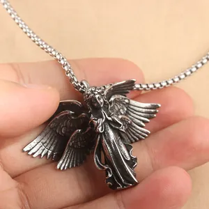 Pendentif ange en acier inoxydable de style punk rétro avec motif ange à six ailes poli