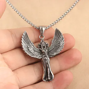 Punk Engel Königin Flügel Anhänger aus Vintage-Edelstahl mit quadratischer Kugelkette