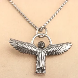 Vintage punk angel wing pendant in antique silver finish with a durable box chain