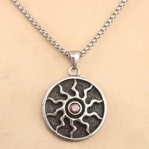 Vintage Stainless Steel Sun Pendant Necklace For Men Women With Red Zirconia Center Stone Punk Sunburst Medallion Jewelry Gift
