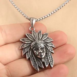 Vintage stainless steel Indian chief portrait pendant necklace with a sturdy box chain