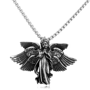 Collier avec pendentif ange à six ailes en acier inoxydable de style rétro argenté vieilli