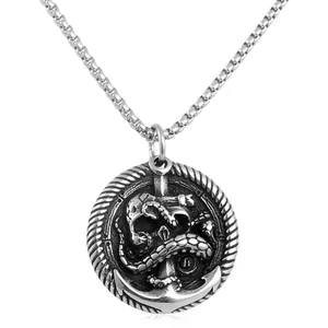 Collana medaglione punk vintage con teschio di polpo e ancora in argento antico