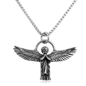 Punk style stainless steel angel pendant necklace with vintage matte silver finish