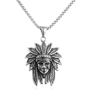 Vintage stainless steel Indian chief portrait pendant necklace with silver box chain