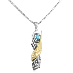 Punk vintage titanium steel feather pendant necklace with gold accents and turquoise stone