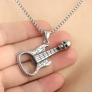 Punk style stainless steel skull guitar necklace with built-in bottle opener function