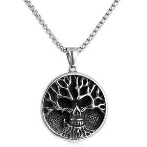 Gothic punk tree of life necklace with skull pendant in vintage stainless steel finish