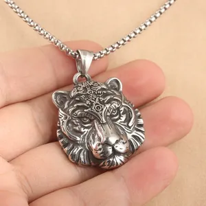 Punk style stainless steel tiger head pendant necklace with retro engraved details