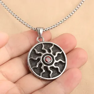 Retro titanium steel sun pendant with red gemstone and punk style wave pattern on chain