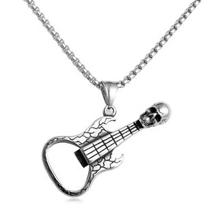 Punk style stainless steel hollow guitar skull pendant necklace with matte silver finish