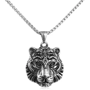 Punk style tiger head pendant necklace in stainless steel with vintage silver finish