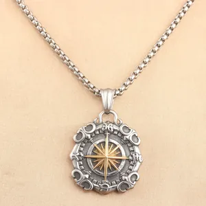 Collana con Pendente a Rosa dei Venti Retro Acciaio Inossidabile Punk Gioielli Stella Nautica per Uomo Donna Oro Argento