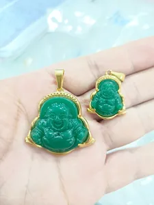 Détails de pendentifs Bouddha rieur en jade vert et acier inoxydable doré