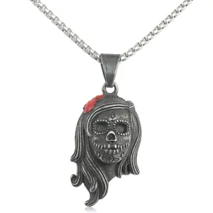 Retro Punk Titanstahl Totenkopf Kette mit roten Blumen für Damen und Herren