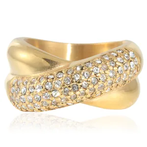 Gold intertwined woven ring with sparkling pavé crystals and high-polish finish