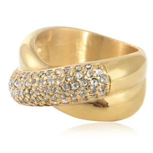 Vintage gold-plated braided steel ring with sparkling pavé cubic zirconia for women