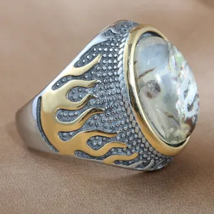 Retro titanium steel oval stone ring for men with golden flame relief and colorful inlay