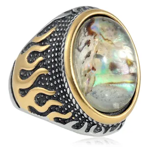 Vintage stainless steel ring with oval abalone shell and golden flame side accents