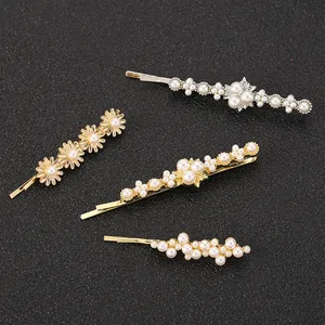 Elegant Alloy Artificial Pearl Flower Bobby Pins Gold Silver Chain Hair Clips For Women Wedding Daily Decorative Hair Accessories
