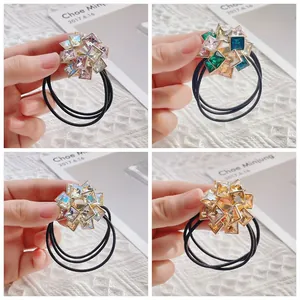 Élastiques À Cheveux Doux De Style Coréen Fleur En Strass Pour Femmes Filles Triple Bande Élastique Cristal Artificiel Élégant Porte-Queue De Cheval