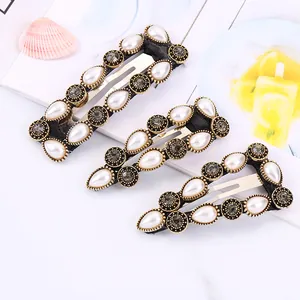Vintage Alloy Faux Artificial Pearl Rhinestone Snap Hair Clip Geometric Fabric Wrapped Hairpin Elegant Hair Accessory For Women Party