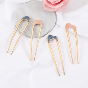 Elegant U-Shaped Alloy Hair Fork With Enamel Marble Pattern Gold Plated Hairpin For Women Wedding Party Hair Styling Accessories