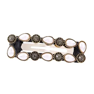 Retro geometric hair clip with white pearls and grey rhinestones on black fabric base