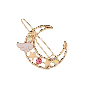 Pince à cheveux lune dorée avec ailes d'ange et strass colorés pour coiffure féminine