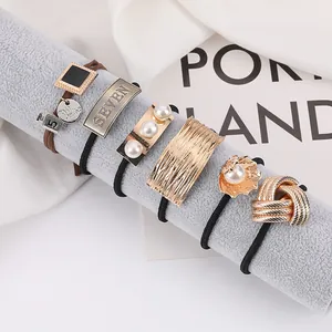 Women Korean Alloy Geometric Hair Tie Gold Artificial Pearl Scalloped Shell Hair Ring High Elastic Hair Band Seven Letter Accessory