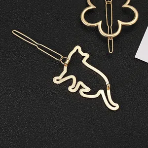 Golden hollow cat and flower hair clips set in alloy finish for women styling