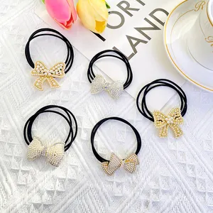 Women Elegant Bow Artificial Pearl Hair Ties Alloy Rhinestone High Elastic Rubber Band Scrunchies Sweet Fashion Jewelry Hair Accessories