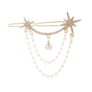 Elegant gold hair clip with sparkling rhinestone stars and pink pearl tassels charms