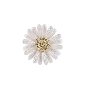 Elegant white daisy floral brooch with translucent petals and golden textured center core