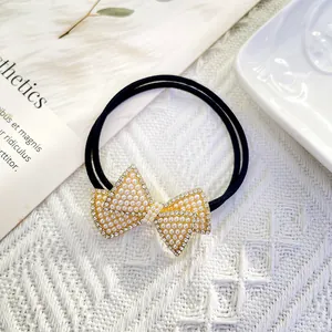 Elegant high-elastic hair tie with pearl bow design and rhinestone edge detail