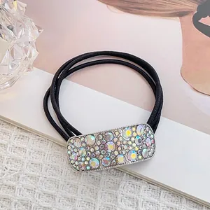 Elegant elastic hair tie with sparkling rainbow rhinestones and black rubber bands