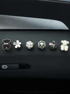 Set of 6 luxury car interior decor clips featuring camellia flowers and teddy bear charms