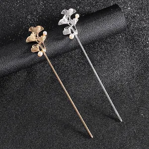Vintage Ginkgo Leaf Artificial Pearl Hair Pin Alloy Metal Hair Stick For Women Elegant Hanfu Chinese Style Hair Accessory Gold Silver