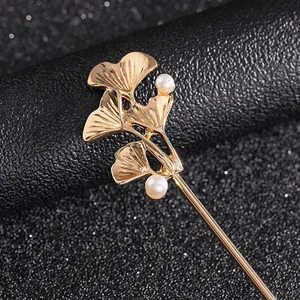 Golden ginkgo leaf hair pin with white pearls for traditional Chinese Hanfu style