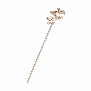 Elegant gold ginkgo leaf hair pin with white pearls for traditional Hanfu styling